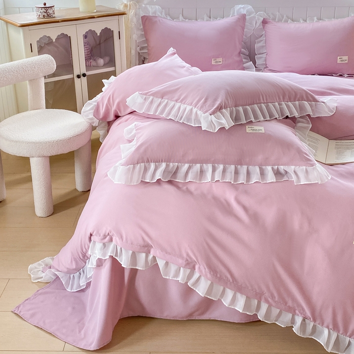 91家纺网 家纺一手货源 找家纺 红日子纺织品 2025新款韩版华夫格水洗棉四件套 蜜桃粉