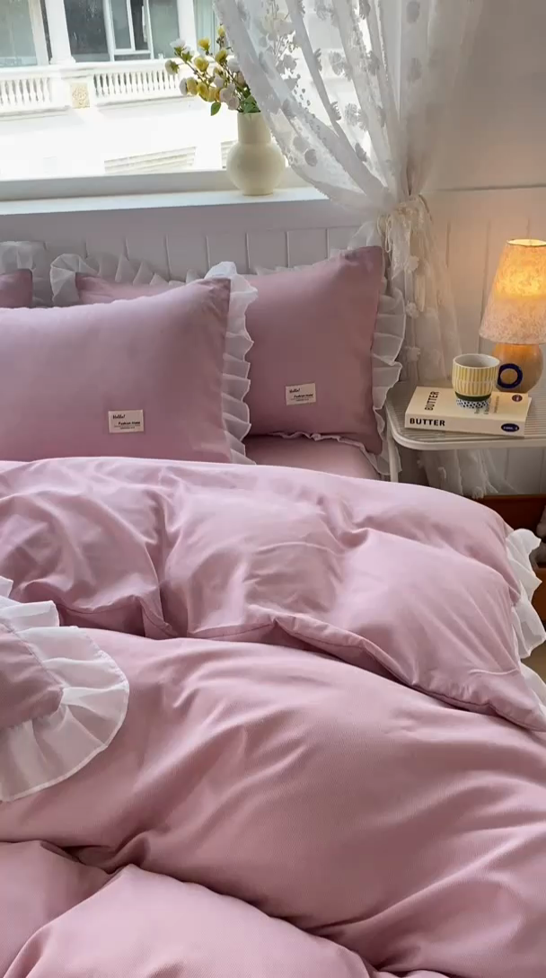 91家纺网 家纺一手货源 找家纺 红日子纺织品 2025新款韩版华夫格水洗棉四件套 蜜桃粉