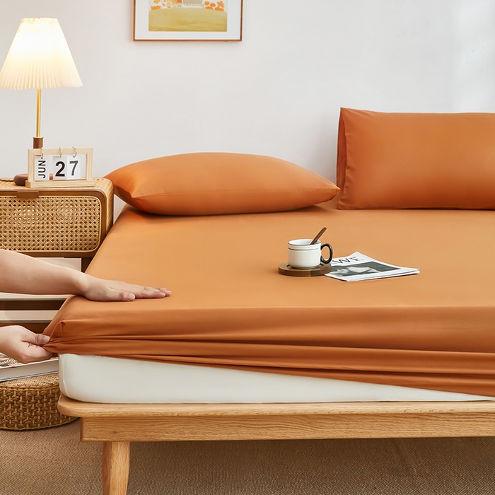 91家纺网 家纺一手货源 找家纺 艾橙家纺 2025新款正宗133x72喷气织造全棉纯棉纯色床笠三件套 太妃糖