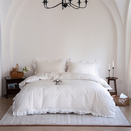 91家纺网 家纺一手货源 找家纺 （总）尺素 2025新款全棉碎花韩式花边款纯棉四件套纯色加大床单1.8床笠法式大花边被套枕套