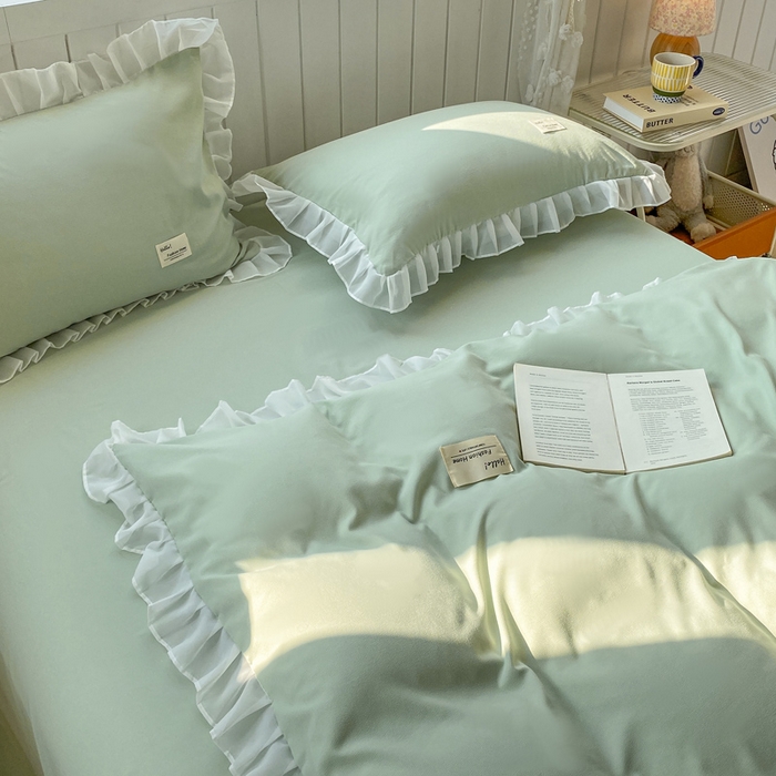 91家纺网 家纺一手货源 找家纺 红日子纺织品 2025新款韩版华夫格水洗棉四件套 亚麻绿