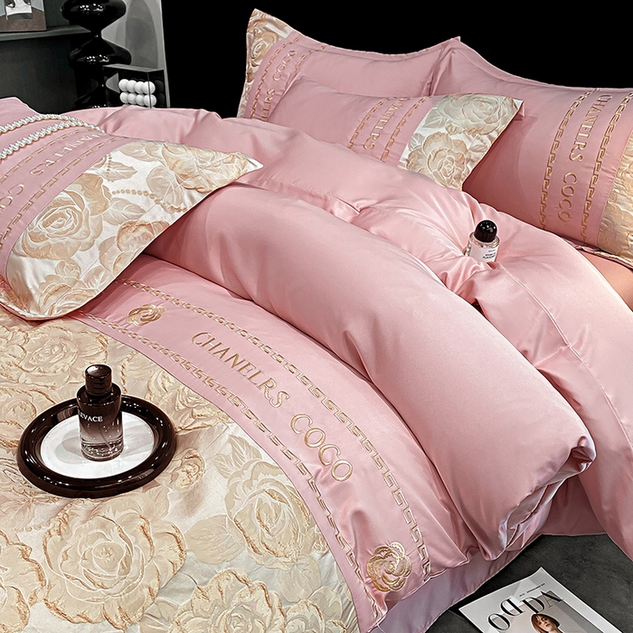 91家纺网 家纺一手货源 找家纺 富宁2025新款浮雕金丝提花刺绣四件套-恋花 气质粉