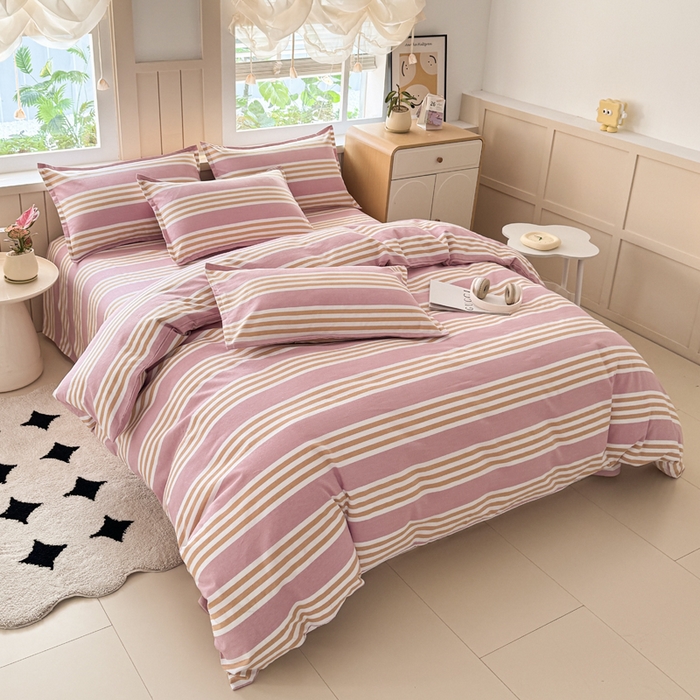 91家纺网 家纺一手货源 找家纺 2025新款全棉色织老粗布四件套 粉恋