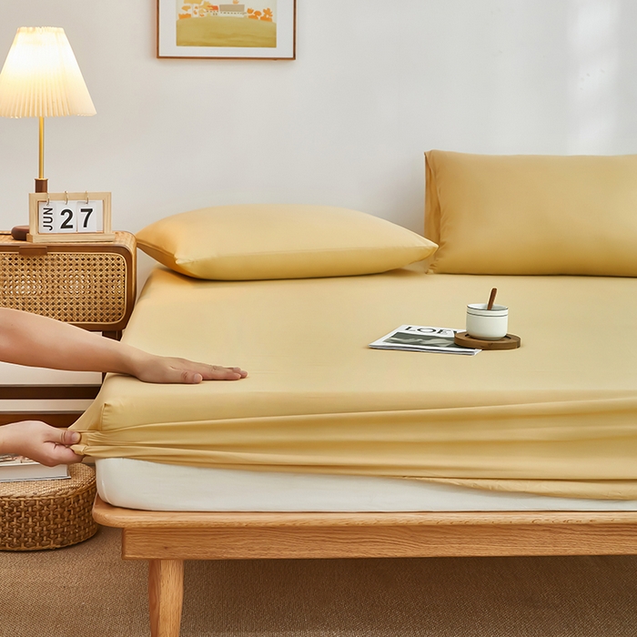 91家纺网 家纺一手货源 找家纺 艾橙家纺 2025新款正宗133x72喷气织造全棉纯棉纯色床笠三件套 米驼色