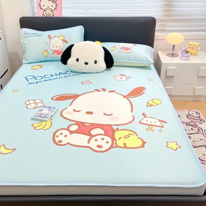 91家纺网 家纺一手货源 找家纺 暮思家居 2025新款正版授权A类大版数码印花三丽鸥可机洗1200D冰丝凉席可组合针织棉夏被四件套床笠款 床笠款-呆萌帕恰狗