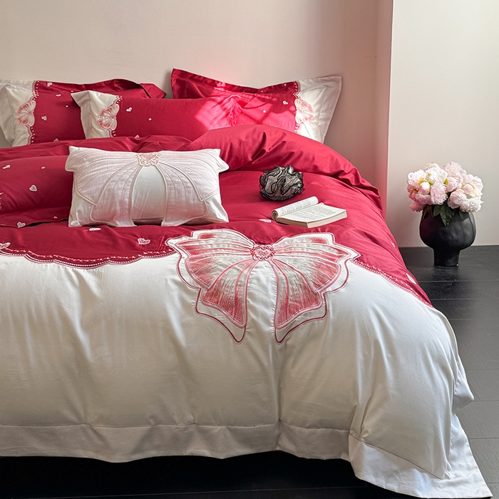 91家纺网 家纺一手货源 找家纺 优悦生活馆 2025新款全棉新疆长绒棉四件套-恋恋时光 控价 恋恋时光-胭脂红