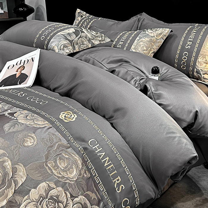 91家纺网 家纺一手货源 找家纺 富宁2025新款浮雕金丝提花刺绣四件套-恋花 曜石灰