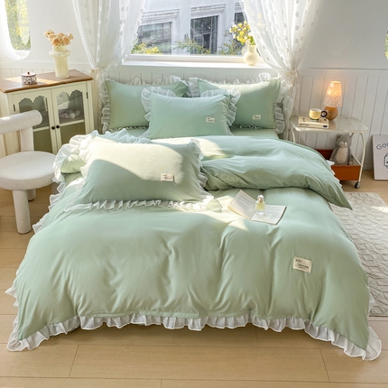 红日子纺织品 2025新款韩版华夫格水洗棉四件套 亚麻绿