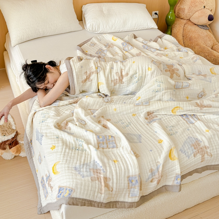 91家纺网 家纺一手货源 找家纺 乐家毛巾被2025新款全棉六层一体超柔泡泡纱多功能毯 玩具熊