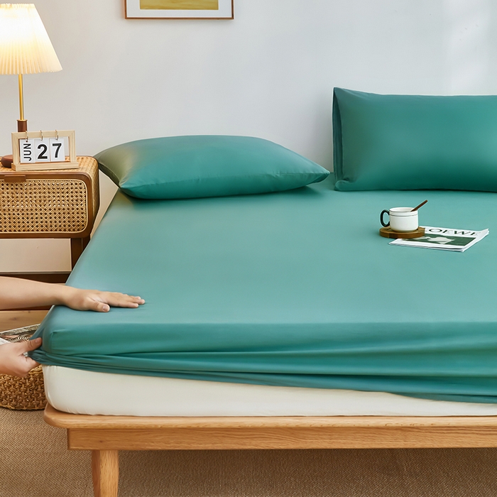 91家纺网 家纺一手货源 找家纺 艾橙家纺 2025新款正宗133x72喷气织造全棉纯棉纯色床笠三件套 浅石兰