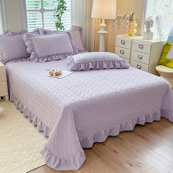 91家纺网 家纺一手货源 找家纺 花香四季家纺 2025新款泡芙小姐双层纱华夫格柔棉夹棉绗缝床盖单件三件四件套 泡芙小姐-紫