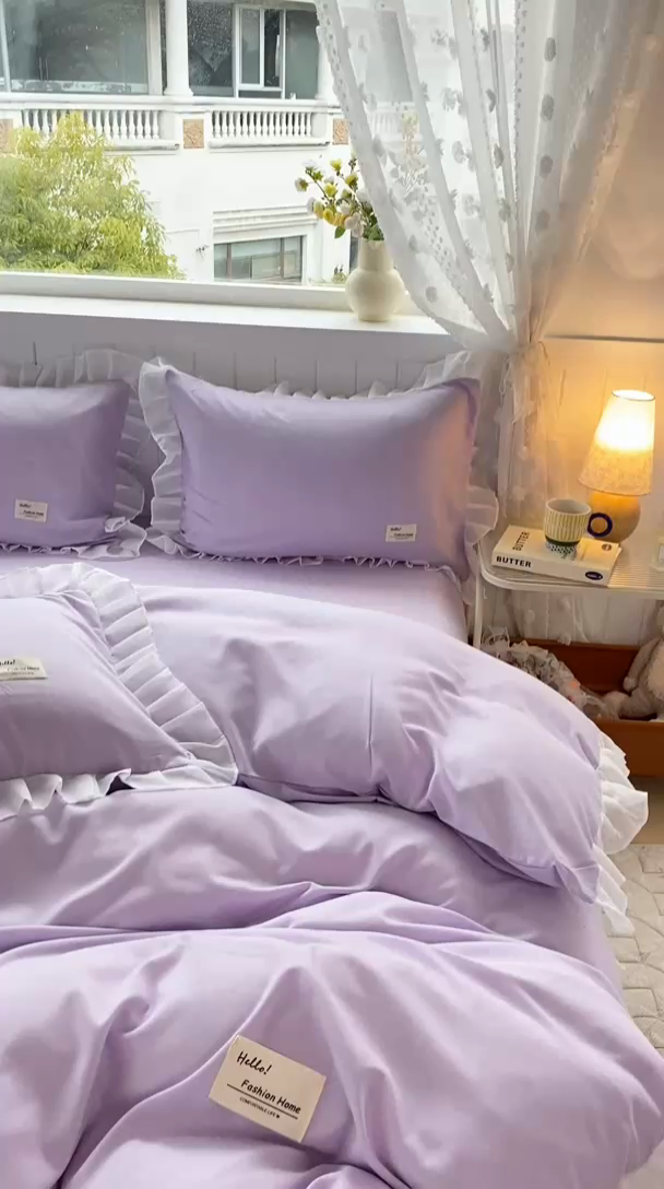 91家纺网 家纺一手货源 找家纺 红日子纺织品 2025新款韩版华夫格水洗棉四件套 香芋紫