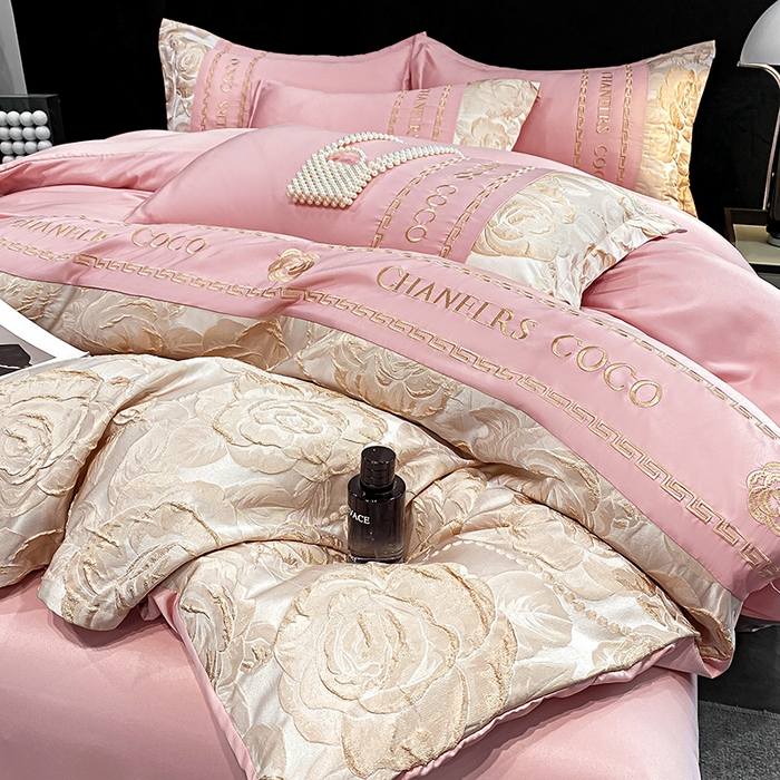 91家纺网 家纺一手货源 找家纺 富宁2025新款浮雕金丝提花刺绣四件套-恋花 气质粉