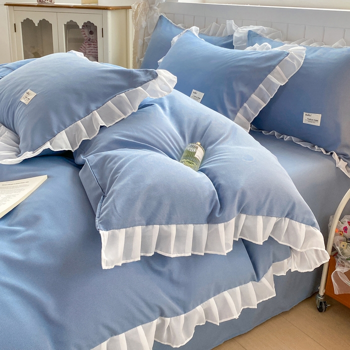 91家纺网 家纺一手货源 找家纺 红日子纺织品 2025新款韩版华夫格水洗棉四件套 冰峰蓝