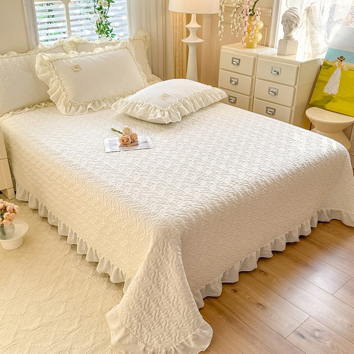 91家纺网 家纺一手货源 找家纺 花香四季家纺 2025新款泡芙小姐双层纱华夫格柔棉夹棉绗缝床盖单件三件四件套 泡芙小姐-米