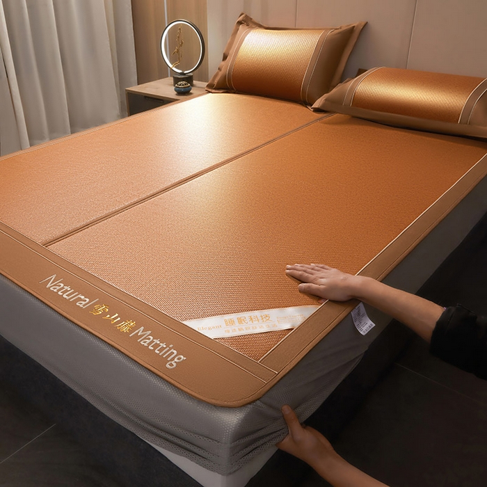 91家纺网 家纺一手货源 找家纺 卡罗兰 2025新款藤席凉席三件套床单床笠黄金藤系列 黄金藤经典咖-床笠