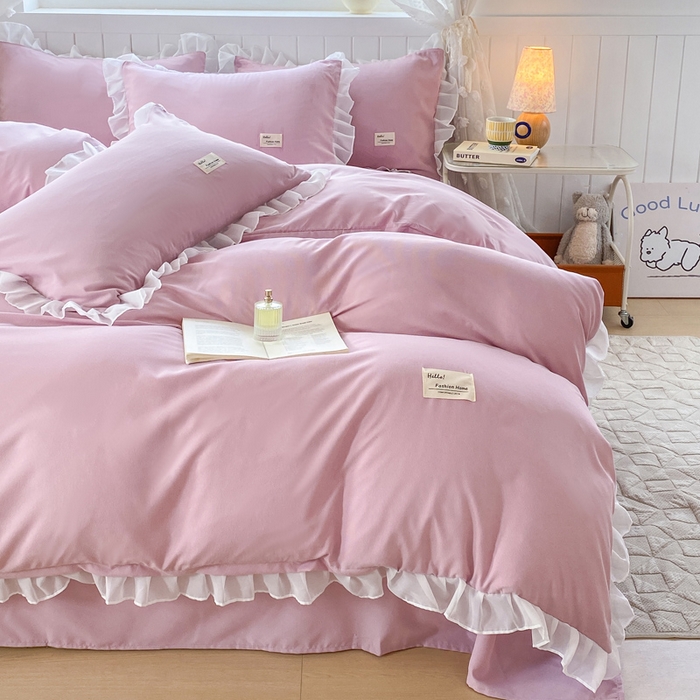 91家纺网 家纺一手货源 找家纺 红日子纺织品 2025新款韩版华夫格水洗棉四件套 蜜桃粉