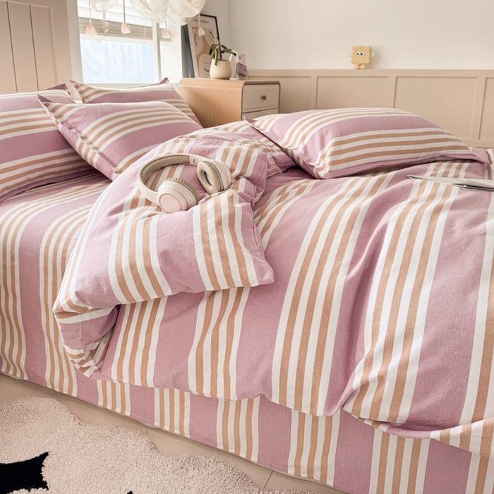 91家纺网 家纺一手货源 找家纺 2025新款全棉色织老粗布四件套 粉恋