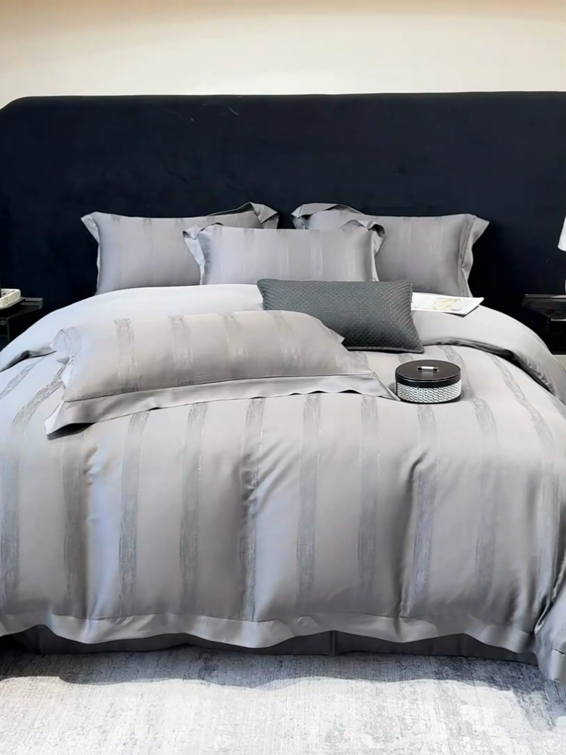 91家纺网 家纺一手货源 找家纺 若未家居 LOVEWE HOUSE 2025新款50S兰精天丝轻奢基底提花带银丝套件- 亦梵 亦梵-黑色