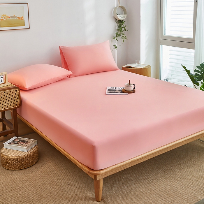 91家纺网 家纺一手货源 找家纺 艾橙家纺 2025新款正宗133x72喷气织造全棉纯棉纯色床笠三件套 少女粉