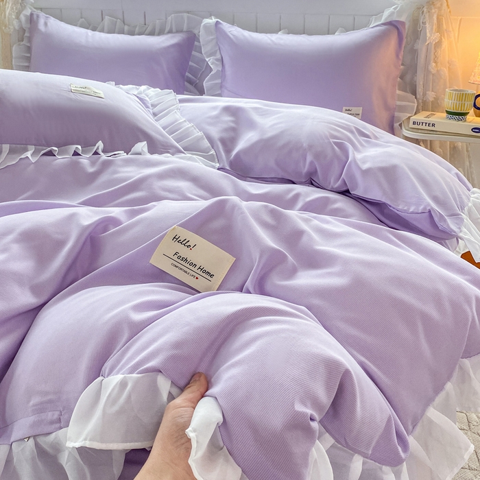 91家纺网 家纺一手货源 找家纺 红日子纺织品 2025新款韩版华夫格水洗棉四件套 香芋紫