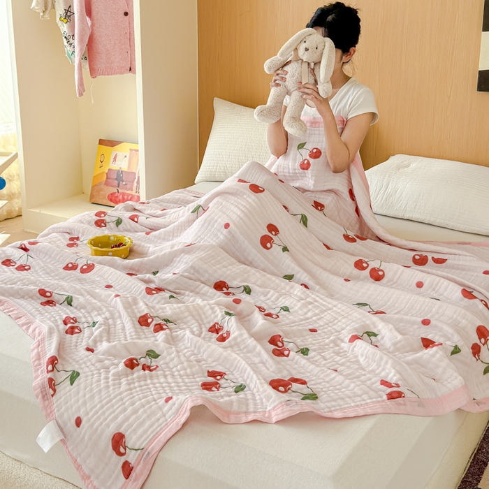 91家纺网 家纺一手货源 找家纺 乐家毛巾被2025新款全棉六层一体超柔泡泡纱多功能毯 小樱桃