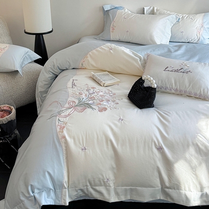 优悦生活馆 2025新款全棉新疆长绒棉四件套-鸢尾花畔 控价 鸢尾花畔-浅云蓝