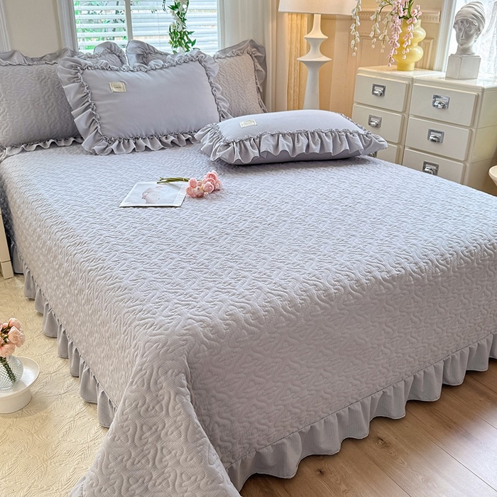 91家纺网 家纺一手货源 找家纺 花香四季家纺 2025新款泡芙小姐双层纱华夫格柔棉夹棉绗缝床盖单件三件四件套 泡芙小姐-灰