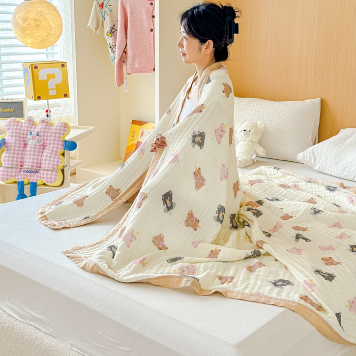 91家纺网 家纺一手货源 找家纺 乐家毛巾被2025新款全棉六层一体超柔泡泡纱多功能毯 泰迪熊