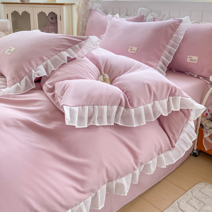 91家纺网 家纺一手货源 找家纺 红日子纺织品 2025新款韩版华夫格水洗棉四件套 蜜桃粉