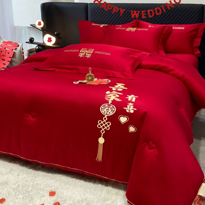 91家纺网 家纺一手货源 找家纺 2025新款婚庆刺绣整张大豆棉喜被被子被芯 家有喜事