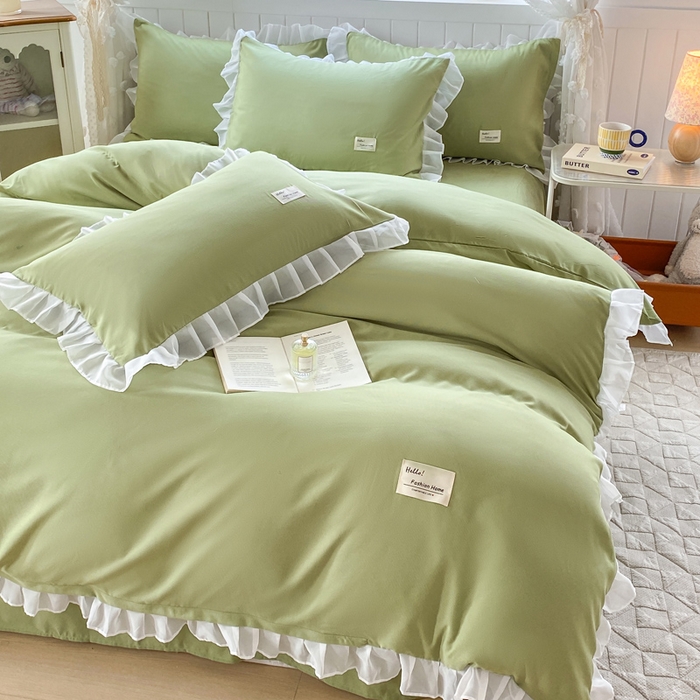 91家纺网 家纺一手货源 找家纺 红日子纺织品 2025新款韩版华夫格水洗棉四件套 果绿