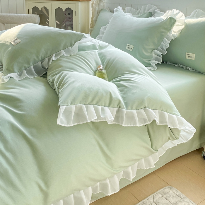 91家纺网 家纺一手货源 找家纺 红日子纺织品 2025新款韩版华夫格水洗棉四件套 亚麻绿