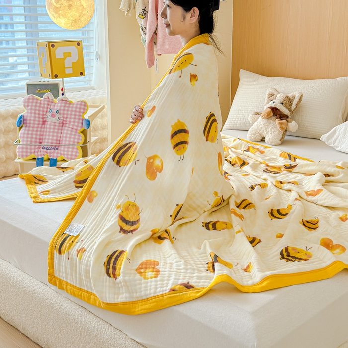 91家纺网 家纺一手货源 找家纺 乐家毛巾被2025新款全棉六层一体超柔泡泡纱多功能毯 小蜜蜂