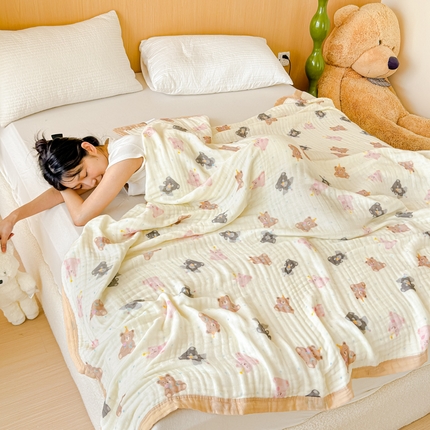 91家纺网 家纺一手货源 找家纺 乐家毛巾被2025新款全棉六层一体超柔泡泡纱多功能毯 泰迪熊