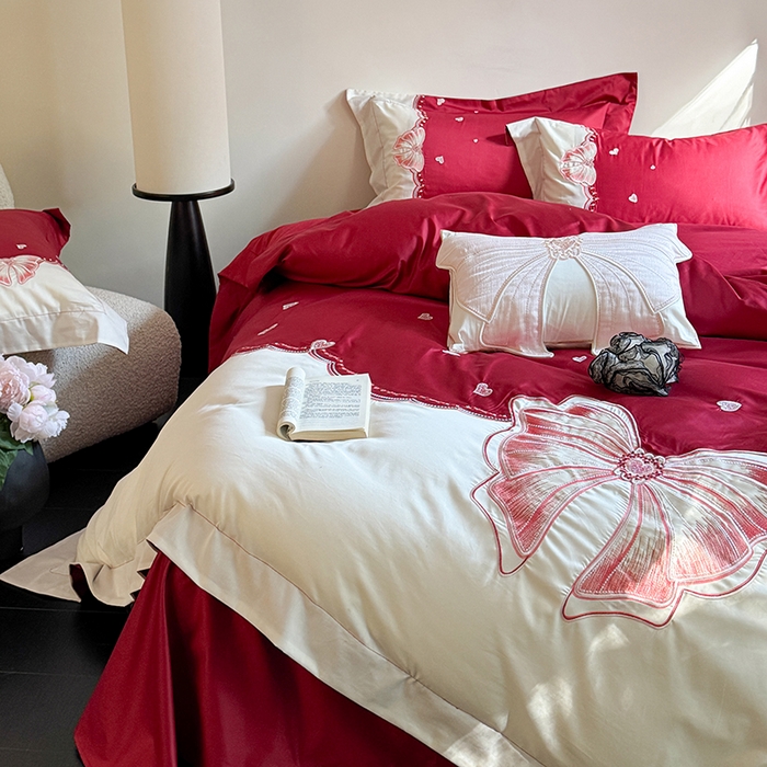 91家纺网 家纺一手货源 找家纺 优悦生活馆 2025新款全棉新疆长绒棉四件套-恋恋时光 控价 恋恋时光-胭脂红