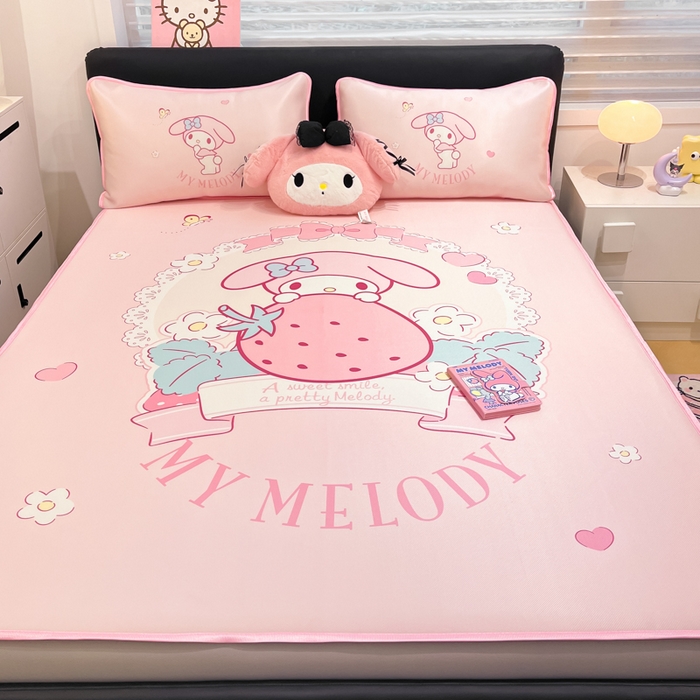 91家纺网 家纺一手货源 找家纺 暮思家居 2025新款正版授权A类大版数码印花三丽鸥可机洗1200D冰丝凉席可组合针织棉夏被四件套床笠款 床笠款-粉兔美乐蒂