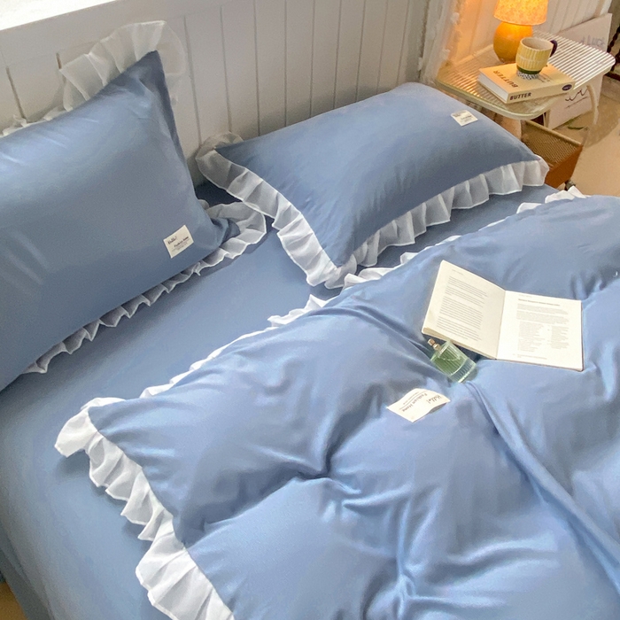 91家纺网 家纺一手货源 找家纺 红日子纺织品 2025新款韩版华夫格水洗棉四件套 冰峰蓝