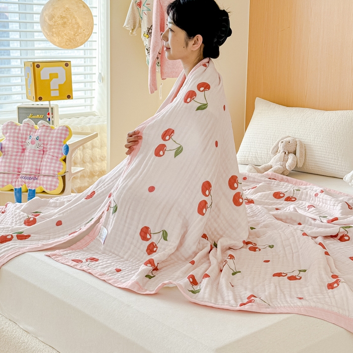 91家纺网 家纺一手货源 找家纺 乐家毛巾被2025新款全棉六层一体超柔泡泡纱多功能毯 小樱桃