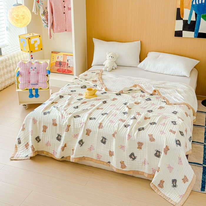 91家纺网 家纺一手货源 找家纺 乐家毛巾被2025新款全棉六层一体超柔泡泡纱多功能毯 泰迪熊