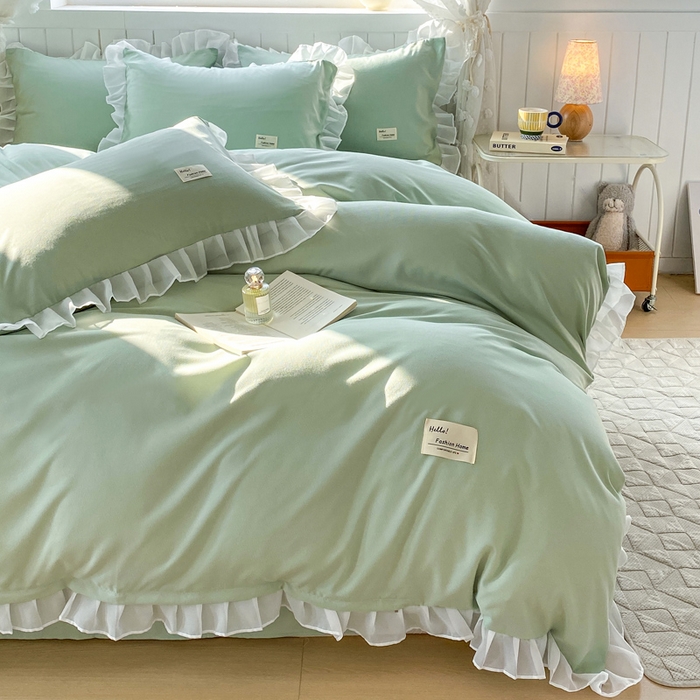 91家纺网 家纺一手货源 找家纺 红日子纺织品 2025新款韩版华夫格水洗棉四件套 亚麻绿