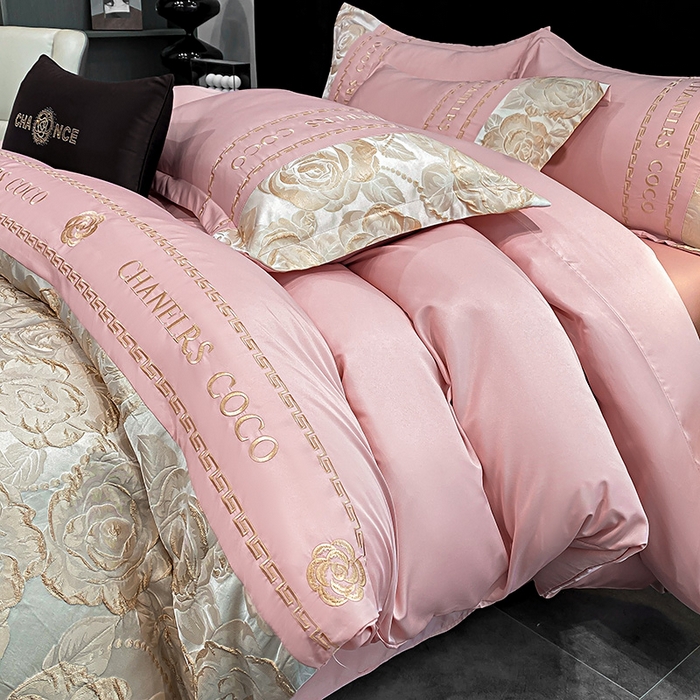 91家纺网 家纺一手货源 找家纺 富宁2025新款浮雕金丝提花刺绣四件套-恋花 气质粉