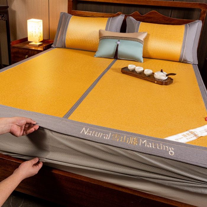 91家纺网 家纺一手货源 找家纺 卡罗兰 2025新款藤席凉席三件套床单床笠黄金藤系列 黄金藤小麦黄-床笠