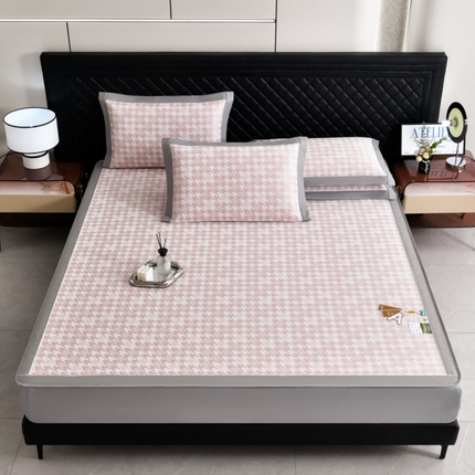 小牛席业 2025新款PE千鸟格凉感冰丝席系列（床笠款） 粉色