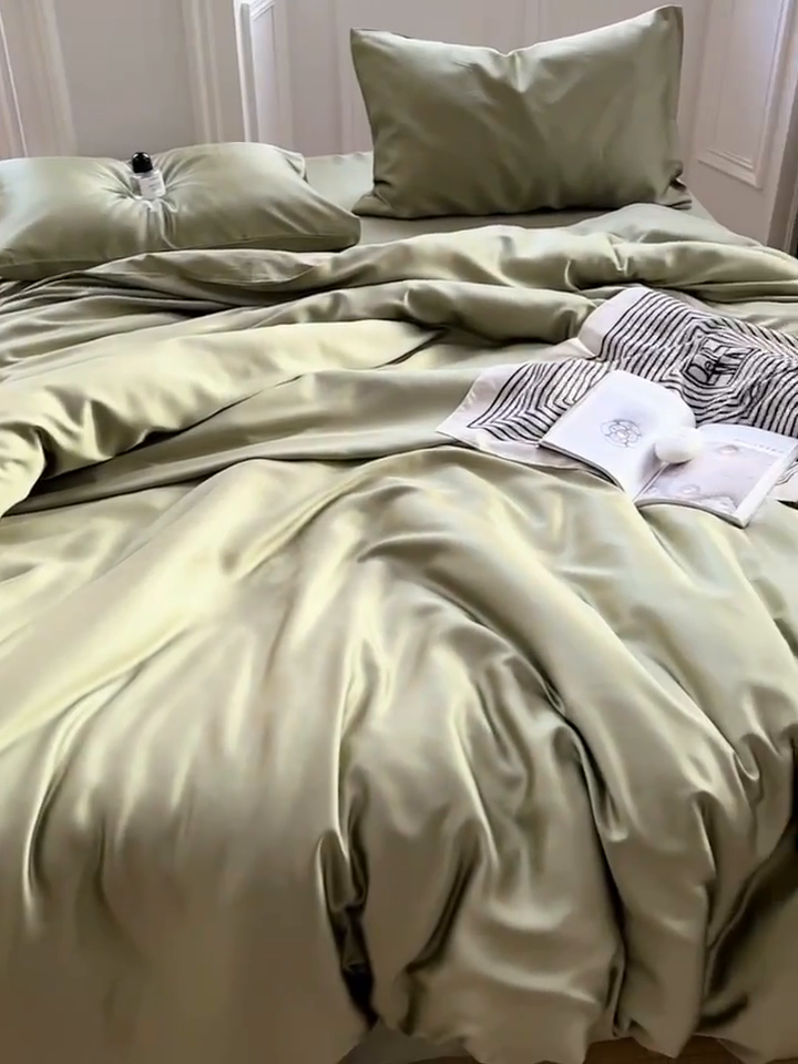 91家纺网 家纺一手货源 找家纺 2025新款60支兰精天丝轻奢纯色双拼四件套 欧芹绿