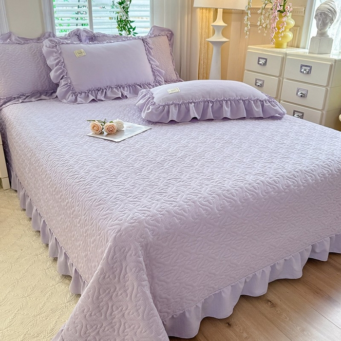 91家纺网 家纺一手货源 找家纺 花香四季家纺 2025新款泡芙小姐双层纱华夫格柔棉夹棉绗缝床盖单件三件四件套 泡芙小姐-紫