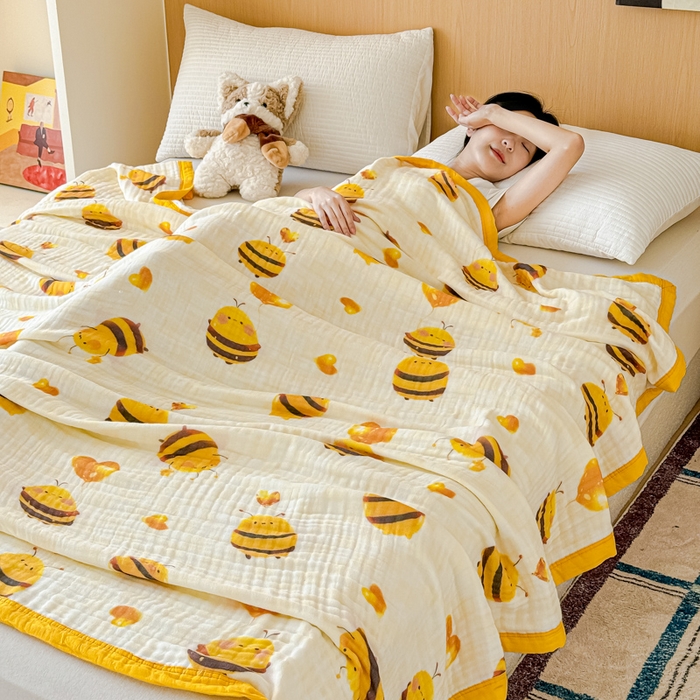 91家纺网 家纺一手货源 找家纺 乐家毛巾被2025新款全棉六层一体超柔泡泡纱多功能毯 小蜜蜂