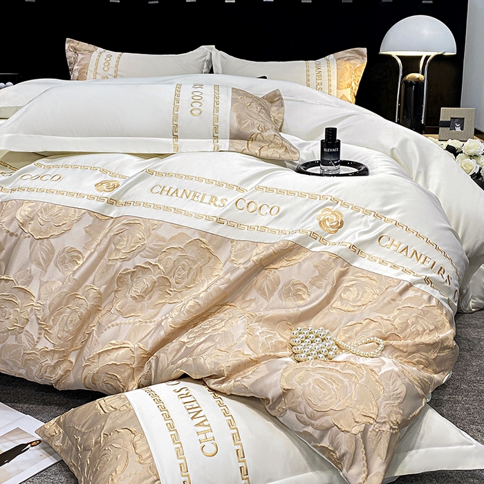 91家纺网 家纺一手货源 找家纺 富宁2025新款浮雕金丝提花刺绣四件套-恋花 清冷白