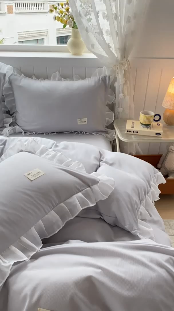 91家纺网 家纺一手货源 找家纺 红日子纺织品 2025新款韩版华夫格水洗棉四件套 绅士灰