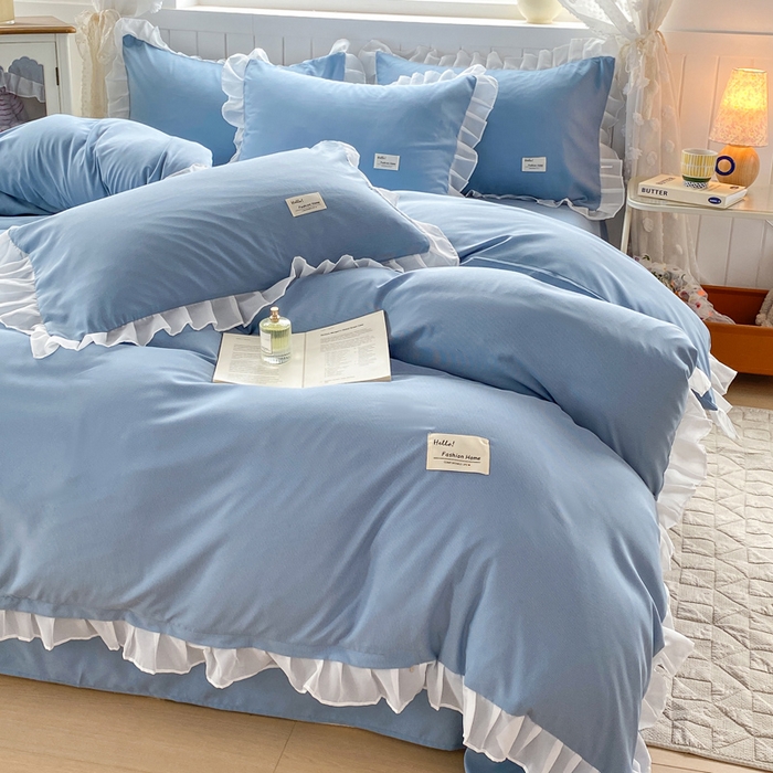 91家纺网 家纺一手货源 找家纺 红日子纺织品 2025新款韩版华夫格水洗棉四件套 冰峰蓝